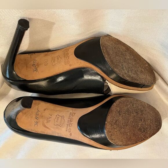 Retro Bebe Pin-Up T-strap‎ Mary Jane black & cream pumps slight platform SZ 7.5 - Picture 9 of 12